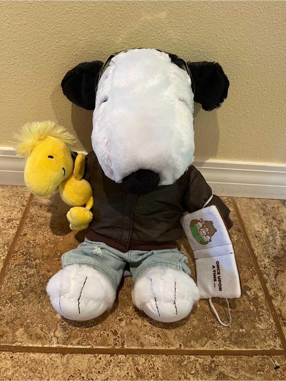 Vintage Build-A-Bear Snoopy & Woodstock Plush 16” Bomber Jacket Denim Shorts Cap